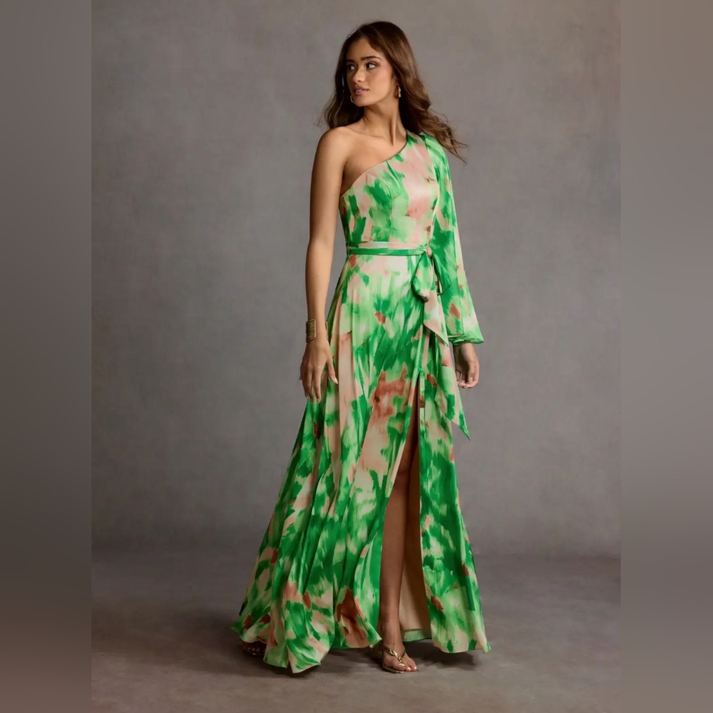 Elegant Green and Pink One-Shoulder Dress